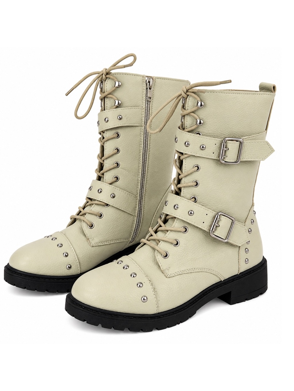 SEVEN7 Liberty Combat Boots Cream Silver Studded Buckle Lace Up Moto Womenβs 9